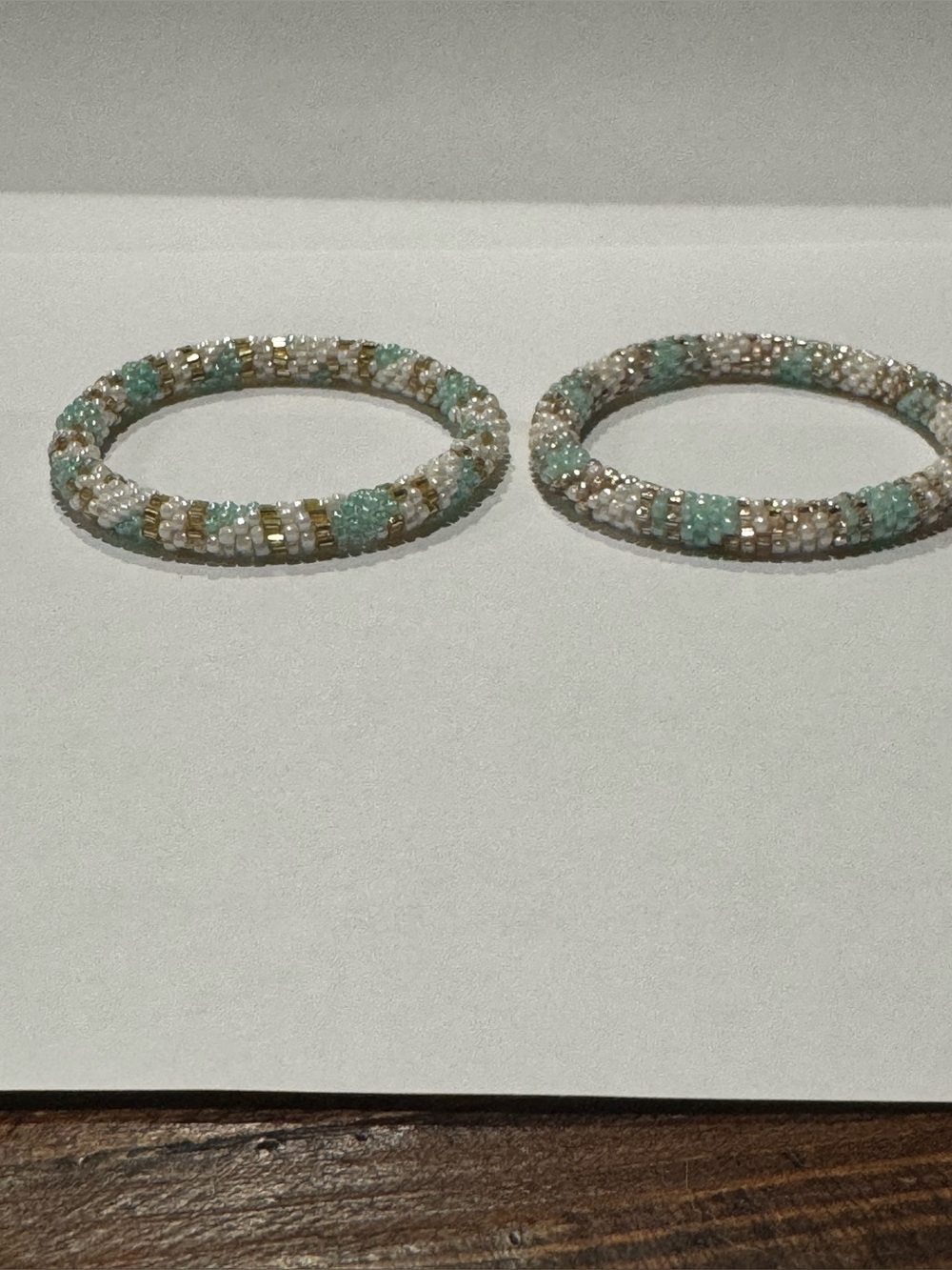 LILY AND LAURA Mint, White & Gold Seed Bead Stretch Bracelet Set